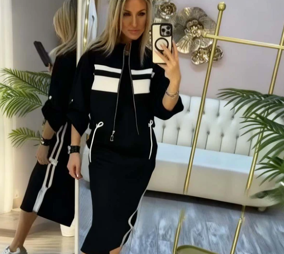 Ensemble composé d'une veste zippée à col montant pour femme et d'une robe midi à rayures latérales