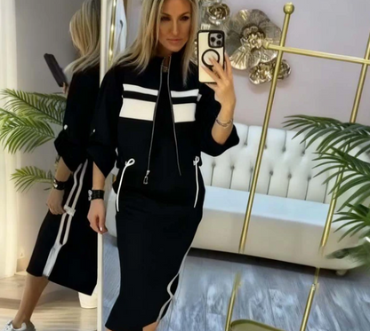 Ensemble composé d'une veste zippée à col montant pour femme et d'une robe midi à rayures latérales