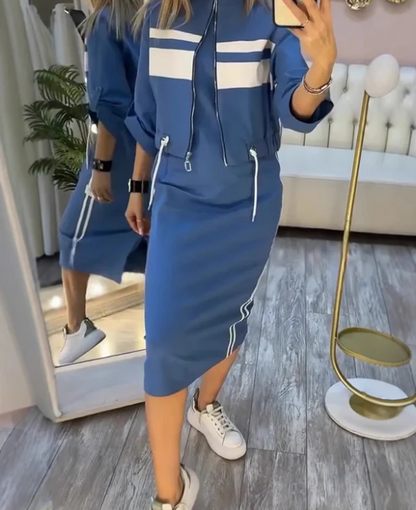 Ensemble composé d'une veste zippée à col montant pour femme et d'une robe midi à rayures latérales