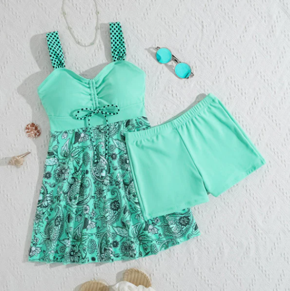 Ensemble tankini à jupe et col en V pour femme, avec short de bain