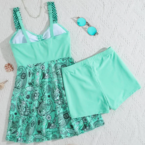 Ensemble tankini à jupe et col en V pour femme, avec short de bain