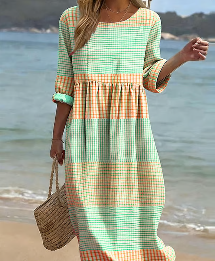 Robe midi décontractée en coton et lin à carreaux pour femme