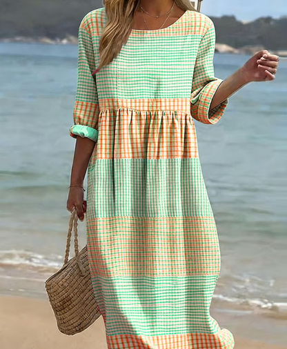 Robe midi décontractée en coton et lin à carreaux pour femme