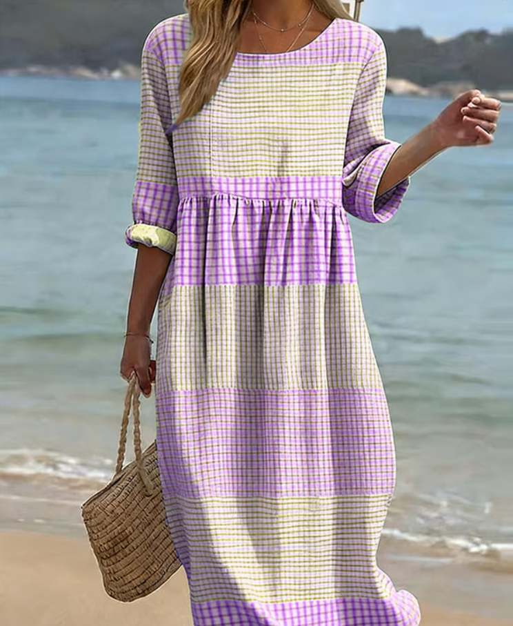 Robe midi décontractée en coton et lin à carreaux pour femme