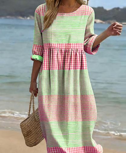 Robe midi décontractée en coton et lin à carreaux pour femme