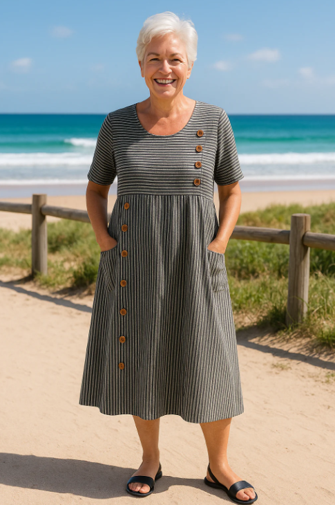 Robe midi boutonnée à rayures pour femme