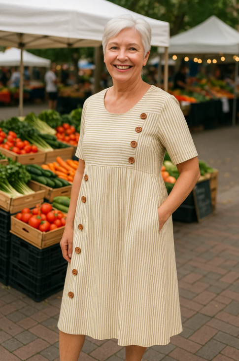 Robe midi boutonnée à rayures pour femme