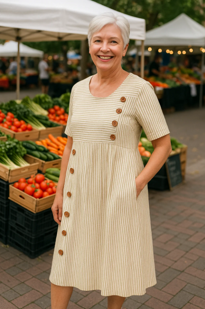 Robe midi boutonnée à rayures pour femme