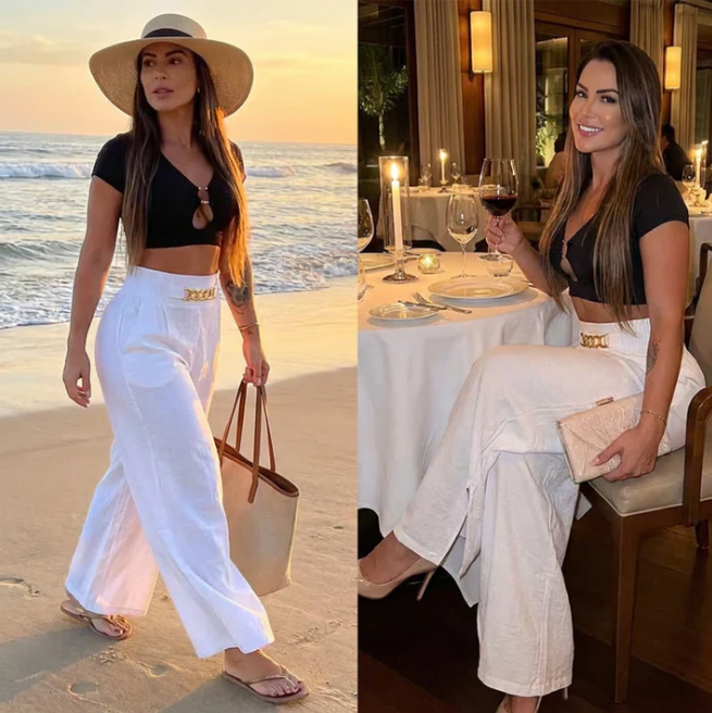 Pantalon large taille haute pour femme avec ceinture détaillée