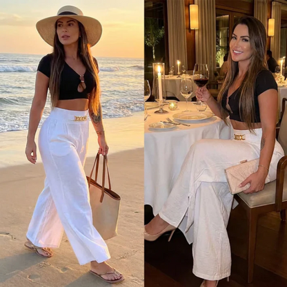Pantalon large taille haute pour femme avec ceinture détaillée