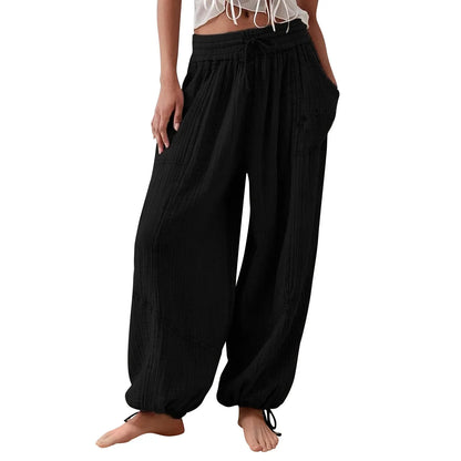 Pantalon décontracté pour femme à jambes larges élastiques avec poches