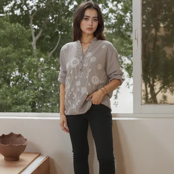 Chemisier brodé en coton et lin Elowen pour femme