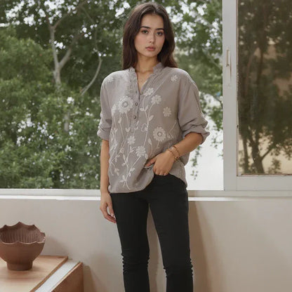 Chemisier brodé en coton et lin Elowen pour femme