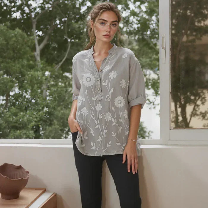 Chemisier brodé en coton et lin Elowen pour femme