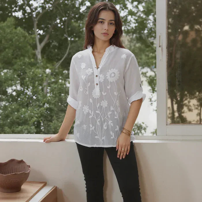 Chemisier brodé en coton et lin Elowen pour femme