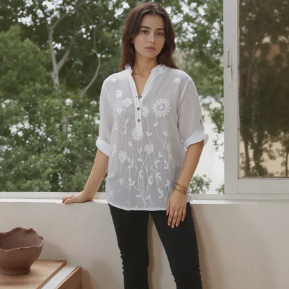 Chemisier brodé en coton et lin Elowen pour femme