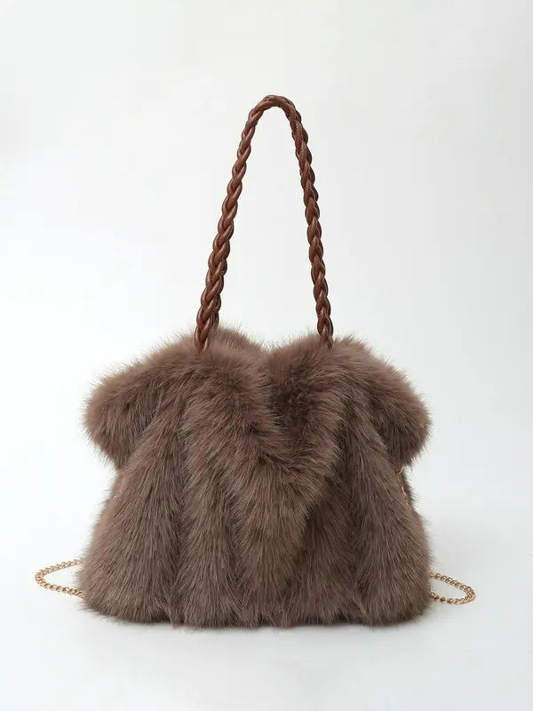 Sac cabas bandoulière en fausse fourrure avec anse tressée pour femme