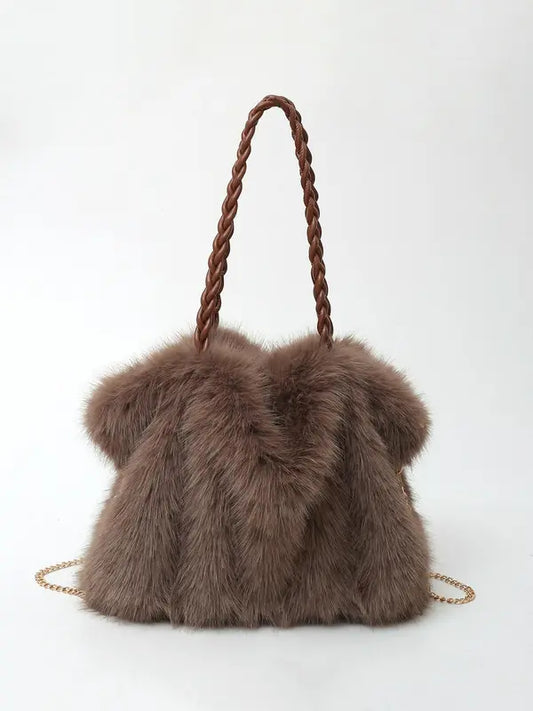 Sac cabas bandoulière en fausse fourrure avec anse tressée pour femme