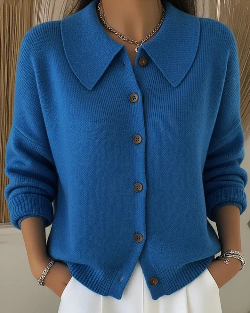 Pull en maille à col boutonné pour femme, couleur unie