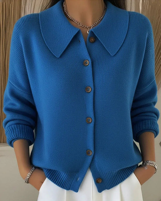 Pull en maille à col boutonné pour femme, couleur unie