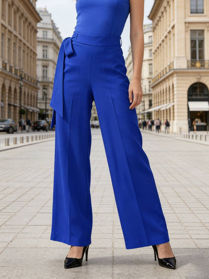 Pantalon à taille haute et jambes larges avec ceinture pour femme
