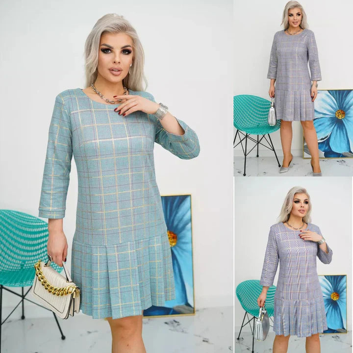 Robe Femme à Carreaux Coupe A-Line avec Ourlet Plissé