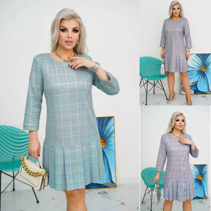 Robe Femme à Carreaux Coupe A-Line avec Ourlet Plissé