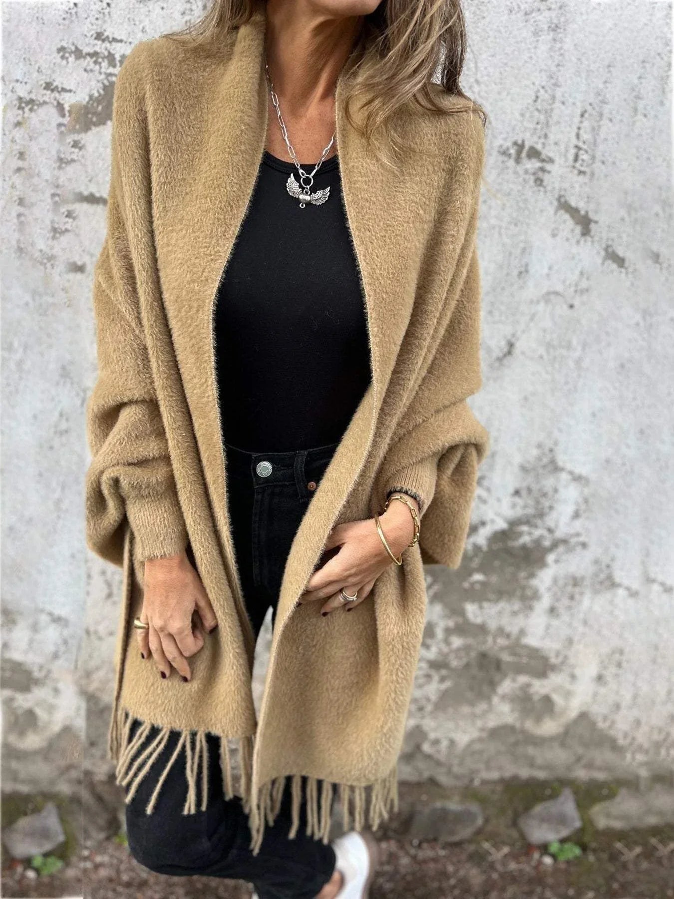 Manteau à manches longues pour femme avec franges, pour tous les jours