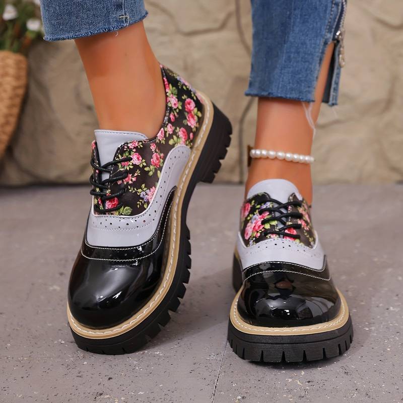 Chaussures à lacets à motif floral pour femmes, style brogue, à semelle épaisse