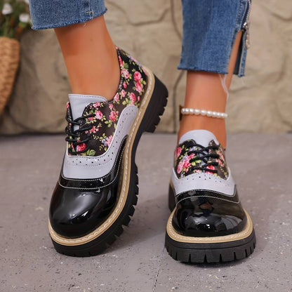 Chaussures à lacets à motif floral pour femmes, style brogue, à semelle épaisse