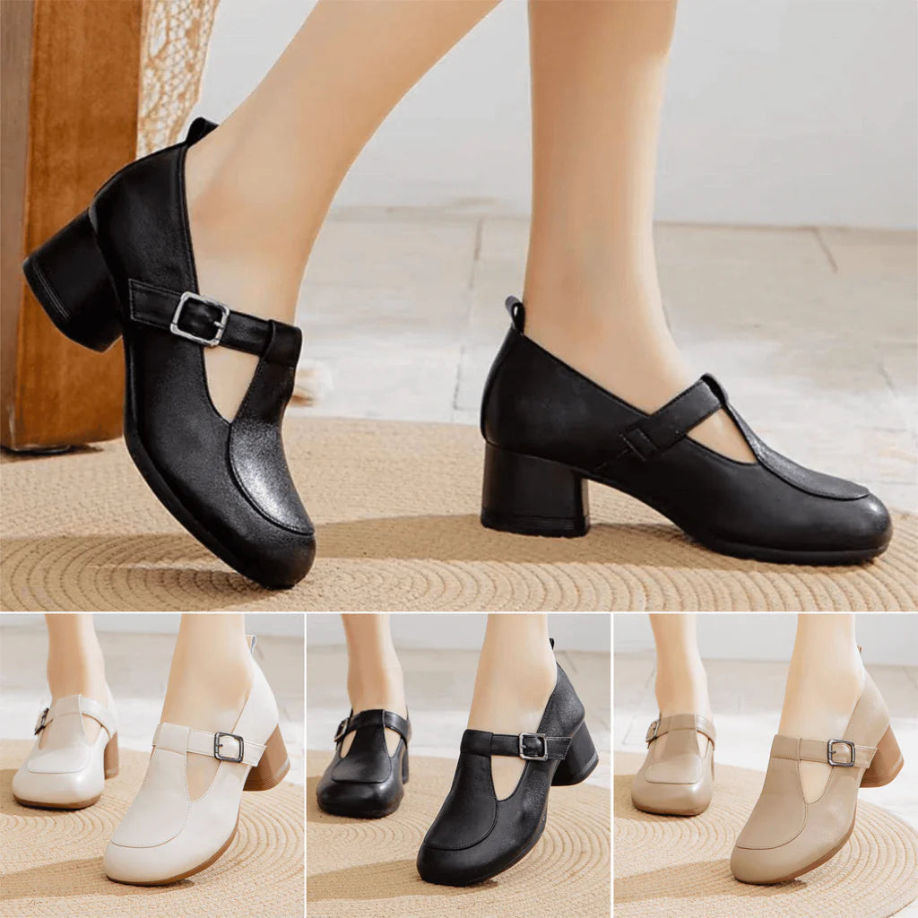 Chaussures rétro pour femmes à bout rond et talon épais avec bride
