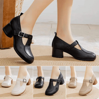 Chaussures rétro pour femmes à bout rond et talon épais avec bride