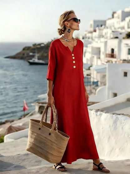 Robe midi décontractée à col en V et boutons décoratifs pour femme
