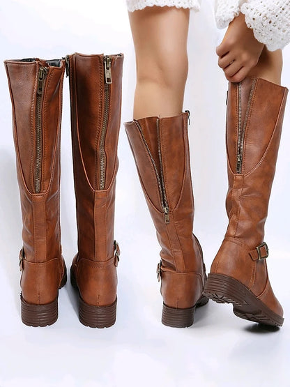 Bottes Femme d’Hiver à Talon Bas Hauteur Genou – Effet Cuir