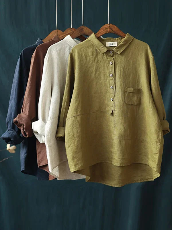 Chemise décontractée à revers multicolore en coton et lin pour femme