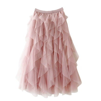 Jupe longue asymétrique à volants superposés pour femme