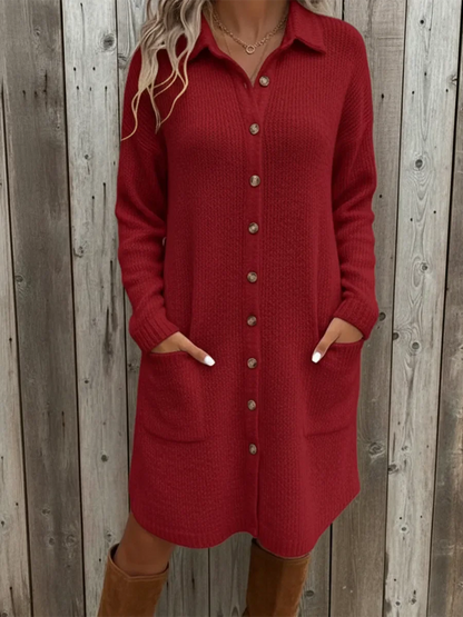 Robe chemise mi-longue en maille pour femme avec poches