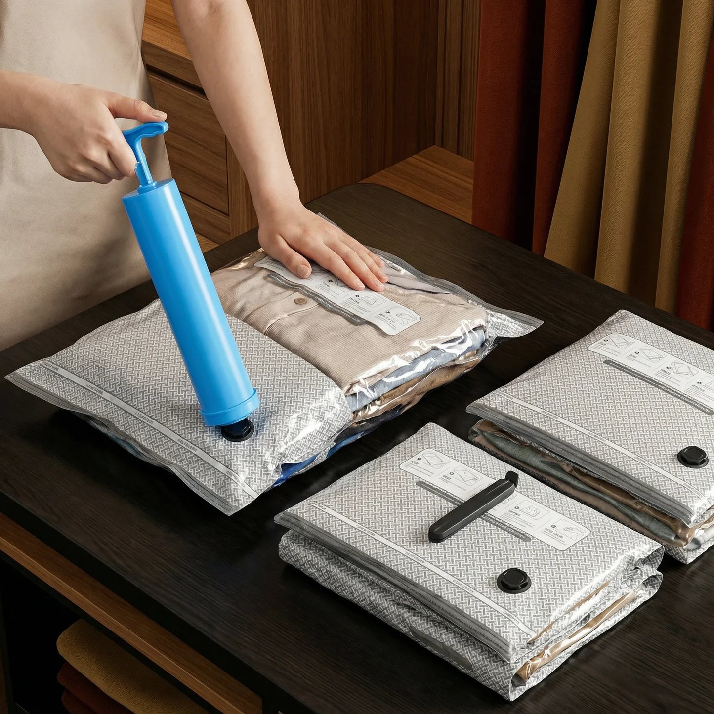Ensemble de sacs de rangement sous vide pour voyage avec pompe à air rechargeable