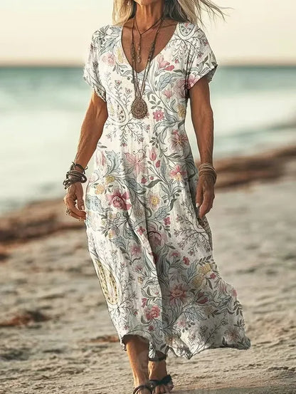 Robe midi vintage à fleurs et col en V pour femme