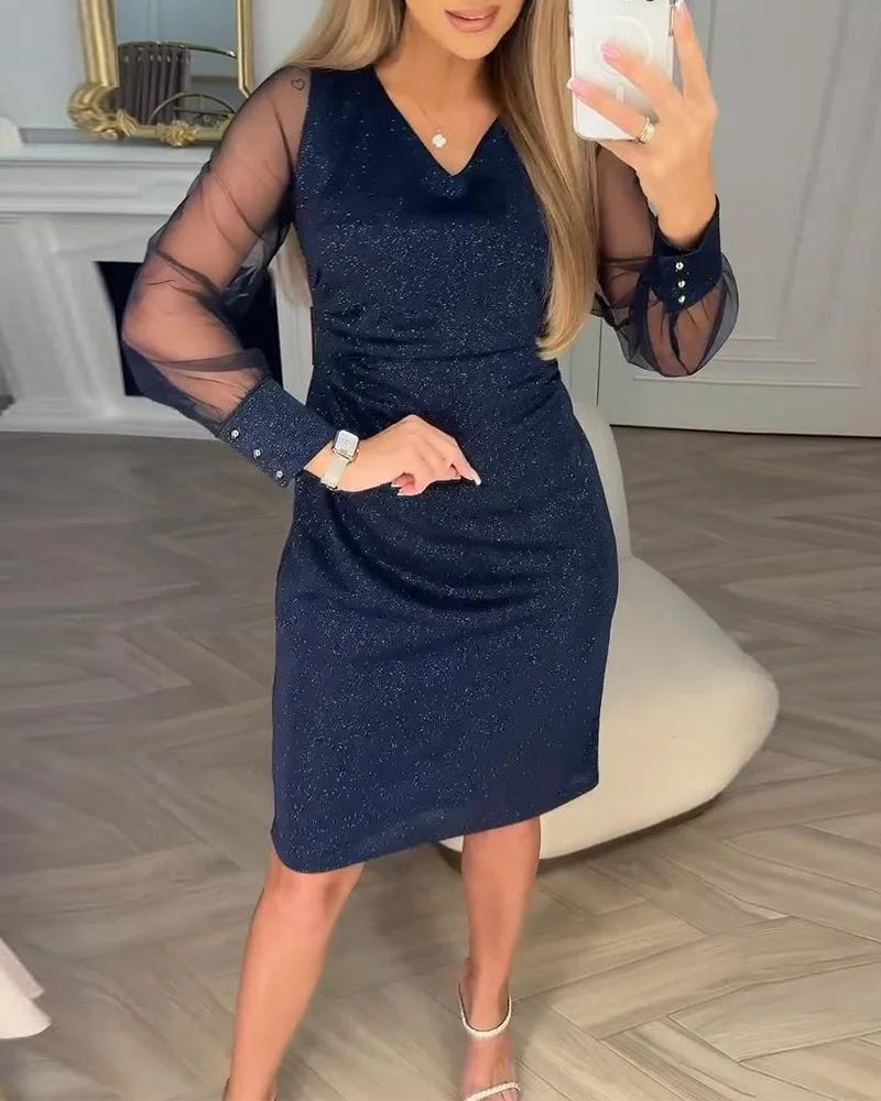 Robe à manches en résille et col en V scintillant pour femme, longueur genou