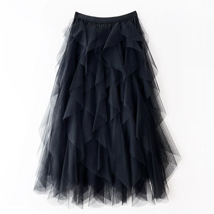 Jupe longue asymétrique à volants superposés pour femme