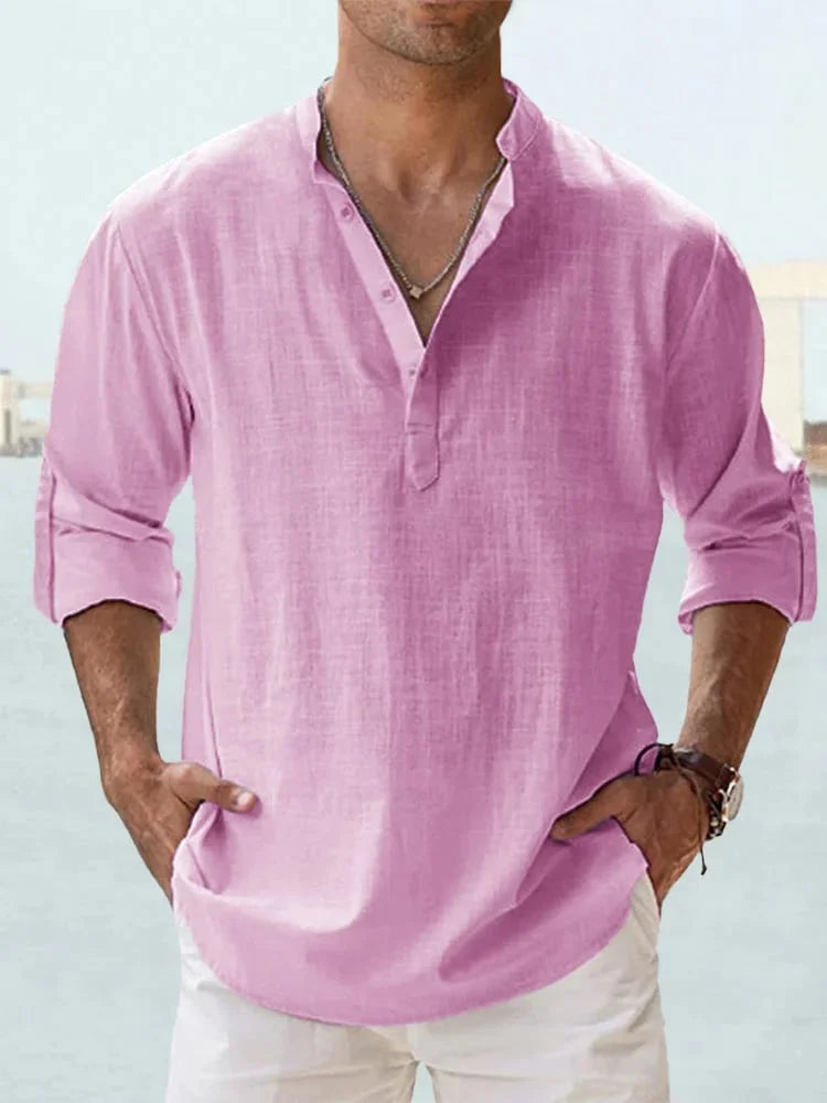 Chemise décontractée à col Henley et manches longues en coton pour homme
