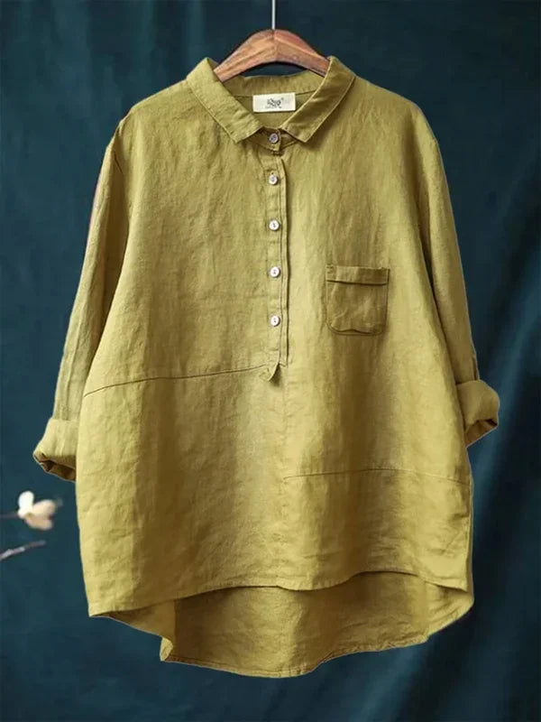 Chemise décontractée à revers multicolore en coton et lin pour femme