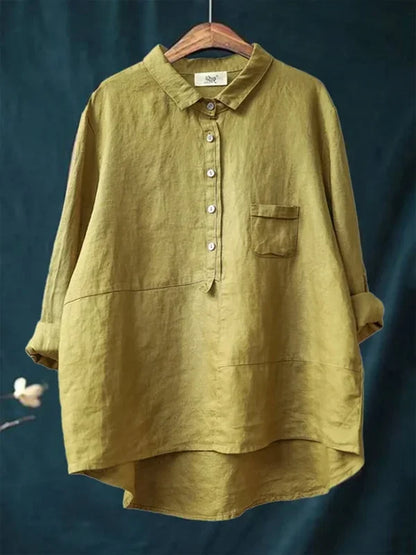 Chemise décontractée à revers multicolore en coton et lin pour femme