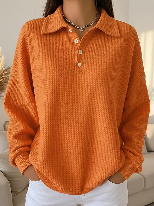 Sweat-shirt polo décontracté à boutons en maille gaufrée pour femme