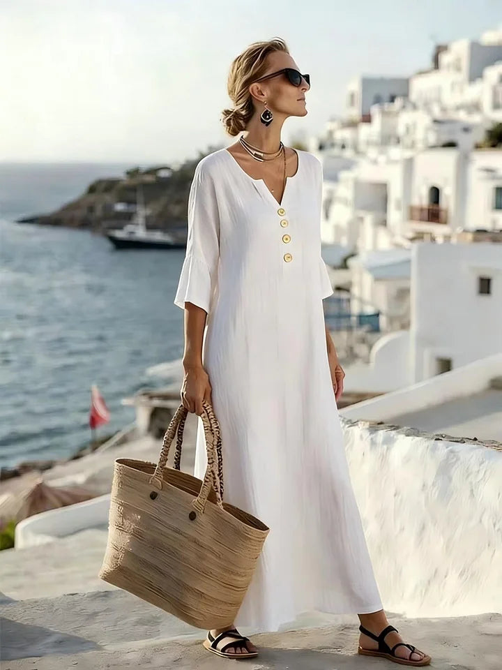 Robe midi décontractée à col en V et boutons décoratifs pour femme