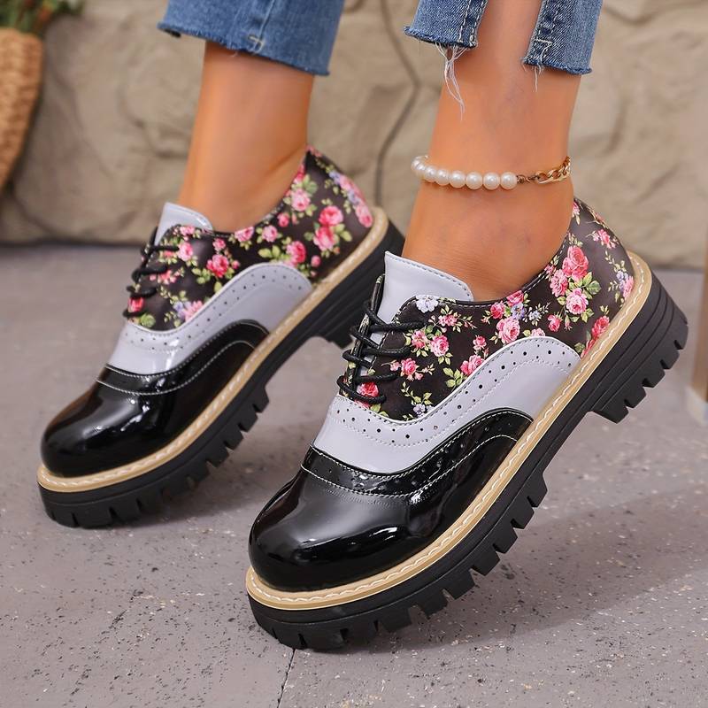 Chaussures à lacets à motif floral pour femmes, style brogue, à semelle épaisse