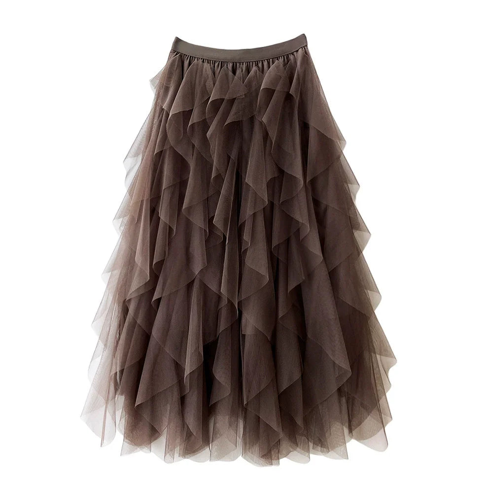 Jupe longue asymétrique à volants superposés pour femme