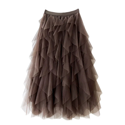 Jupe longue asymétrique à volants superposés pour femme