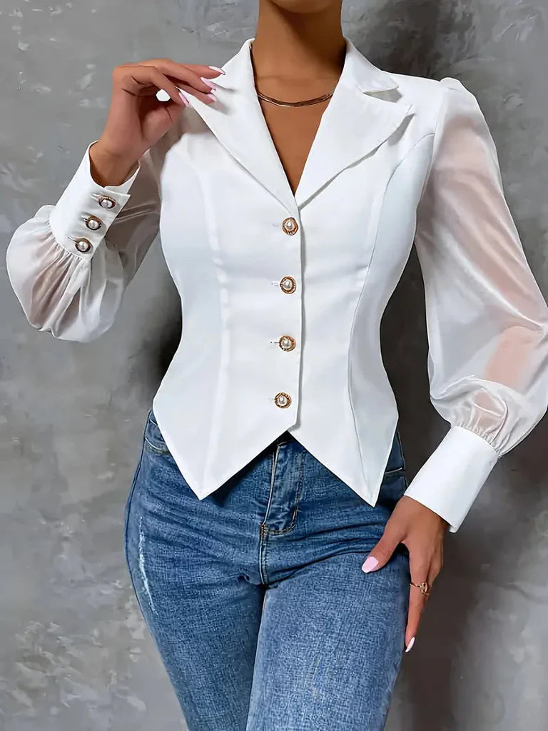 Chemisier Femme Élégant à Col Pointe et Manches Longues Transparentes